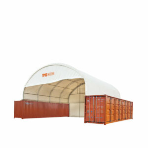 Prairie Shelters - TMG Industrial 40' x 40' Dual Truss Container Shelter (front left)